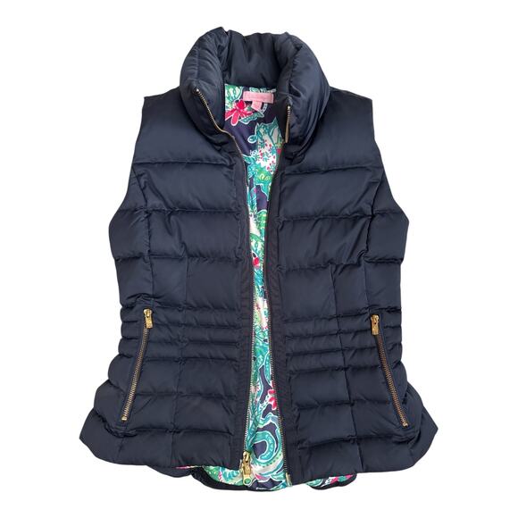 Lilly Pulitzer Jackets & Blazers - Lilly Pulitzer Navy Puffer Vest Floral Lining M Gold Zipper Quilted Winterwear